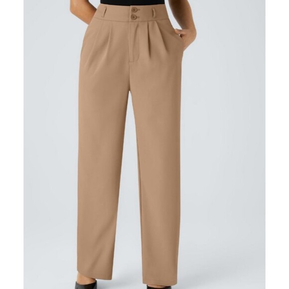 Halara Tan High Waist Zip Double Button Pleated Dress Pants Size Medium TALL - Picture 1 of 7